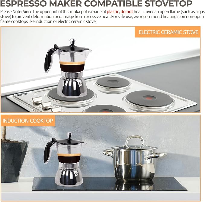 Clear Plastic Moka Pot 6 Cup 300ml Stainless Steel Coffee Maker Uncoated Stovetop Espresso Coffeemaker Italian Classic Style Brewing Greca Cafe Mocha for Cafeteras Camping Travel Home Use
