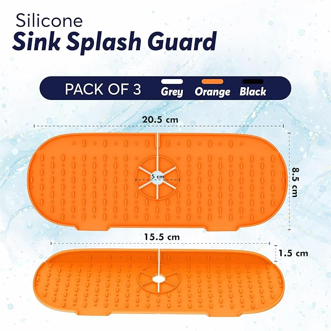 Silicone Faucet Water Catcher Mat, Soft Silicone Faucet Mat Sink Water Splash Guard, 3 Pieces Faucet Splash Catcher for Kitchen Sink Splash Guard to Keep Dry (Gray & Black &Orange)