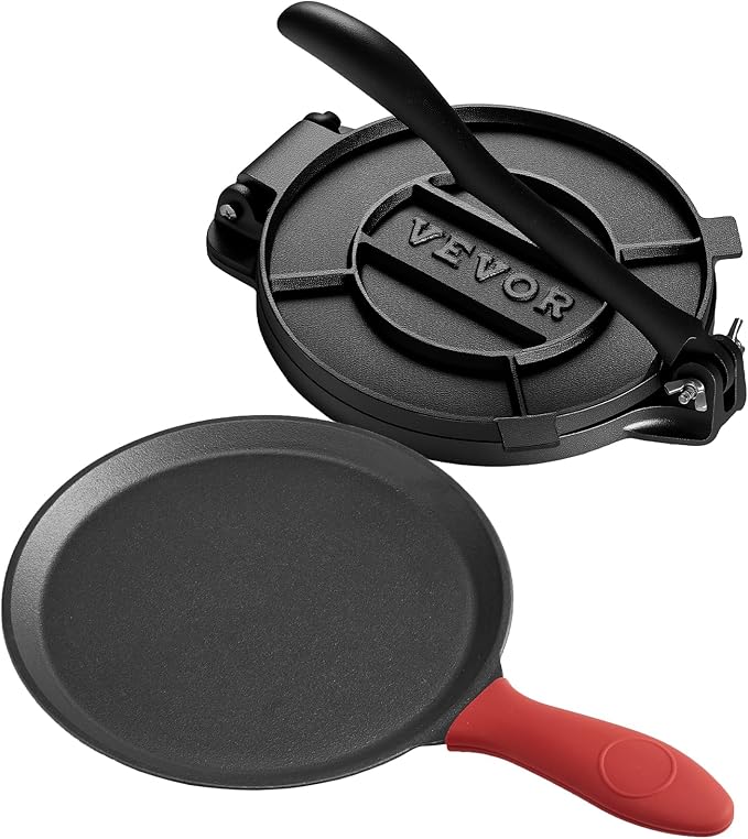 VEVOR Tortilla Press, 8 Inch Cast Iron Tortilla and Roti Maker, Heavy Duty Tortilladora Press, Pataconera Makers with Handle and 100 Pcs Parchment Paper, Dough Taco Press for Flour Tortilla, Tawa