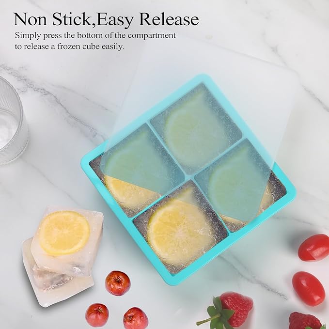 Silicone Freezer Tray with Lid - 1 Cup Silicone Food Freezer Tray - Large Ice Cube Freezer Molds - Soup, Sauce, leftovers, Homemade Meal Prep Freezing Kitchen Storage Containers(Aqua 4 Pack)