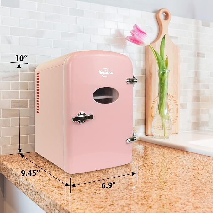 Koolatron Mini Fridge - Refrigerator for Bedroom, Office, Portable Table Top Beverage Cooler, 12V 110V Refrigerador for Drinks, Soda, Wine, Use in Car, Dorm, Outdoor, Patio, 6 Can