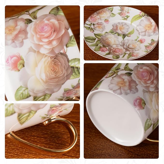 KAMMAK Tea Cups and Saucers Set of 2, Porcelain Coffee Cups, Stackable Espresso Mugs, Ceramic Demitasse for Coffee, Cappuccino, Latte, Americano, Tea, White Rose
