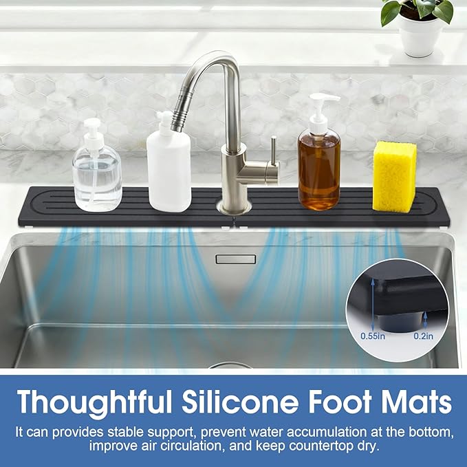 Stone Faucet Mat for Kitchen Sink with Raised Feet, Durable Diatomite Fast-Drying Stone Tray, Non-Slip Decorative Sink Protector for Kitchen Bathroom Counter, Easy Clean, Pure black, 30" x 4"