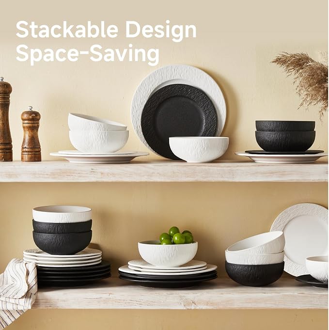 KINGSTONE Dinnerware Sets, 24-Piece Premium Porcelain dishes set, Matte Marble Pattern Plates and Bowls Sets for 8, Place Setting with Dinner Plate, Salad Plate, Pasta Bowl (Black)
