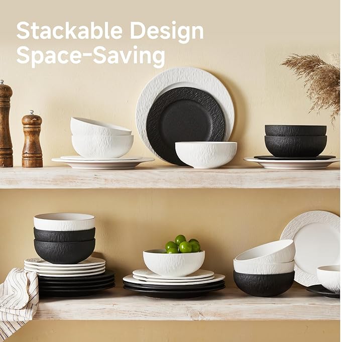 KINGSTONE Dinnerware Sets, 24-Piece Matte Marble Pattern Premium Porcelain dishes set, Plates and Bowls Sets for 8, Place Setting with Dinner Plate, Salad Plate, Pasta Bowl (White)