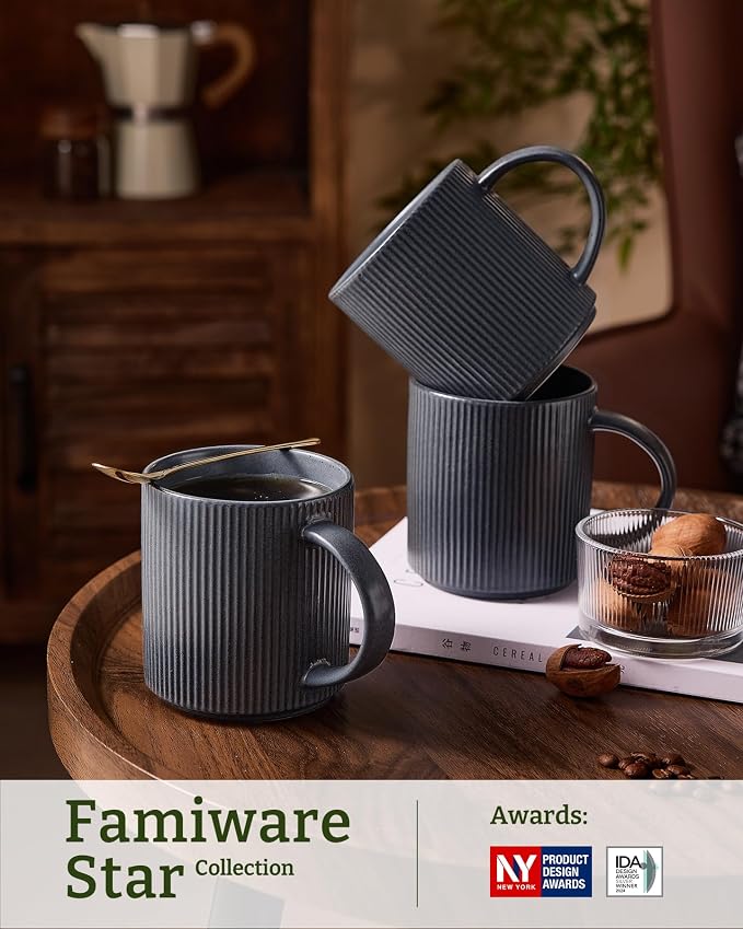 famiware Coffee Mug Set for 4, Star 16 oz Catering Mugs Cup Set with Handle for Coffee, Tea, Cocoa, Milk - Ceramic Stoneware Drinkware Set, Matte Dark Charcoal