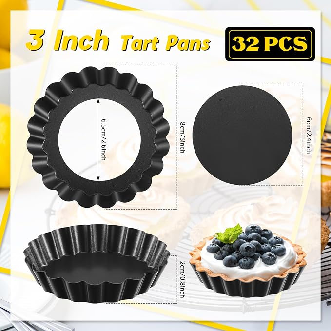 Uiifan 32 Pcs Mini Tart Pans, 3 Inch Nonstick Egg Tart Molds with Removable Bottom, Round Fluted Quiche Pan for Pie, Mousse Cake, Cheesecake, Dessert Baking, Black Gray