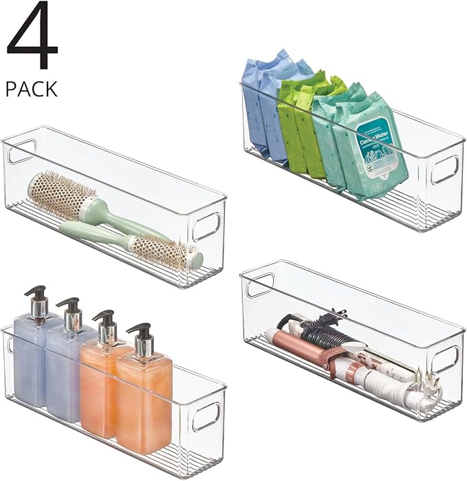 mDesign Plastic Bathroom Storage Container Bins w/ Handles - Closet, Cabinet, Vanity, Cupboard Shelf Organization, Hair Tools Accessory Organizer - Ligne Collection; Clear, 15.4x3.75x4.75 (Pack of 4)