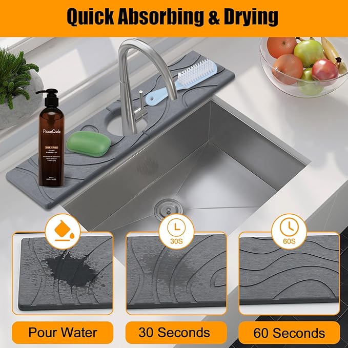 2-Pack Faucet Mat for Kitchen Sink, Diatomite Quick Drying Stone Mat, Splash Guard & Drip Catcher for Faucet Bathroom Counter - Dark Grey (15.7"x4")