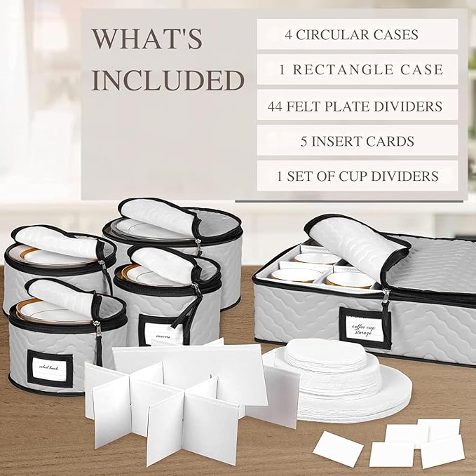 China Storage Containers 5-Piece Set Moving Boxes for Dinnerware, Glasses, Plates, Mugs and Saucers Sturdy Quilted Microfiber Dish Organizer with Dividers for Seasonal Storage - Holds Set of 12, Gray