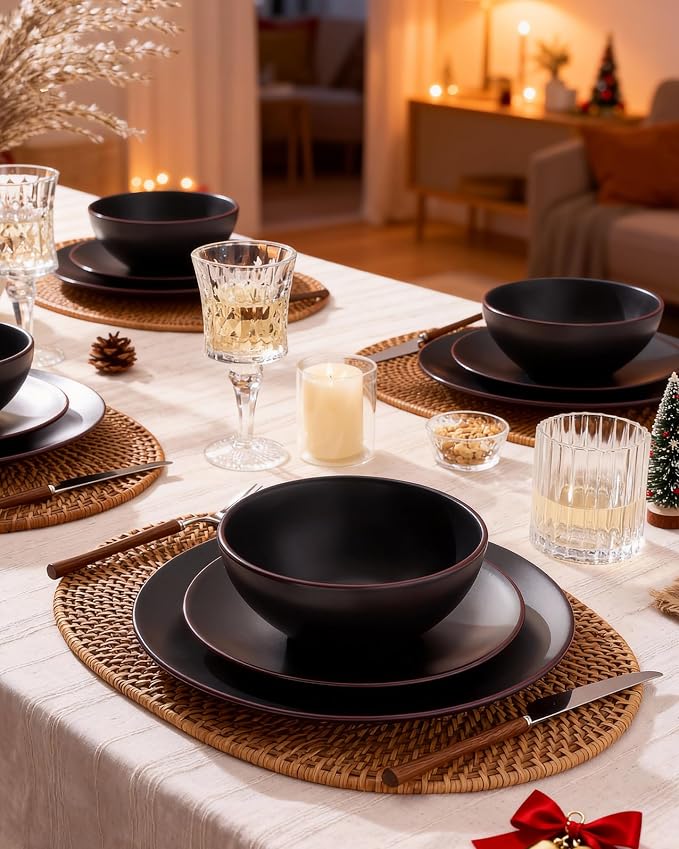 Famiware Venus Plates and Bowls Sets with Trim, 18 Pieces Stoneware Chip‑Resistant Dinnerware Set for 6, Matte Black - Modern Minimalist Dishes, Microwave/Dishwasher Safe for Everyday & Formal Dining