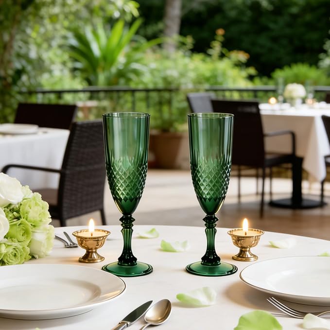 Plastic Champagne Flutes, Champagne Glasses Bulk, Reusable Unbreakable Acrylic Wine Glasses Goblets for Weddings Bachelor Parties Toasting Bridal Shower (24, Dark Green)