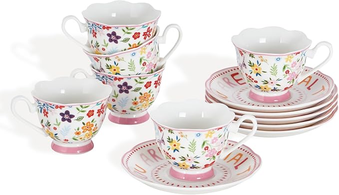 3oz Small Tea Cups & Saucers Set of 6, Floral Espresso Cups With Scalloped Edge, Ceramic Demitasse Cup for Coffee, Latte, Espresso Shot Mug for Espresso Machine, Women Gifts for Mother's Day, Birthday