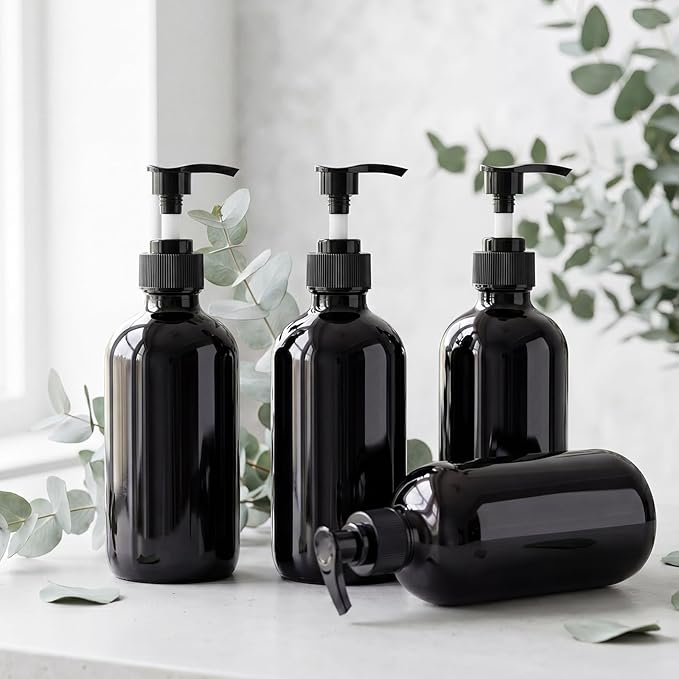 Tanlade Glass Pump Bottle Dispenser 4 oz Travel Bottles with Pump Refillable Glass Containers for Toiletries Lotion Liquid Soap Shampoo Essential Oils Cosmetic Travel Accessories(Black)