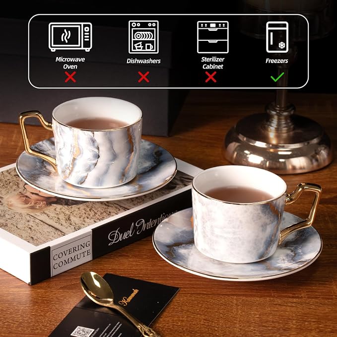 KAMMAK Tea Cups and Saucers Set of 2, Porcelain Coffee Cups, Stackable Espresso Mugs, Ceramic Demitasse for Coffee, Latte, Americano, Tea, Marble Gray