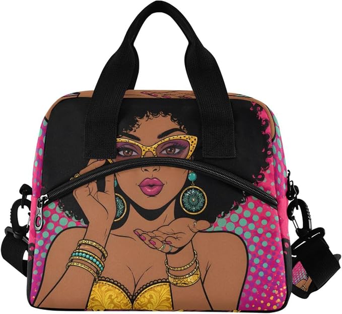 Reusable Lunch Bag for Girls Women,Young African American Woman With Lips Lunch Box Container with Detachable Shoulder Strap,Insulated Lunch Coolers for School Office