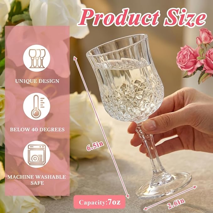 Pinkunn 50 Pcs 7 oz Plastic Vintage Wine Glasses Reusable Colored Goblets Patterned Drinking Water Glasses Cup Dishwasher Safe for Mother's Day Wedding Reception Party Supplies (Transparent)