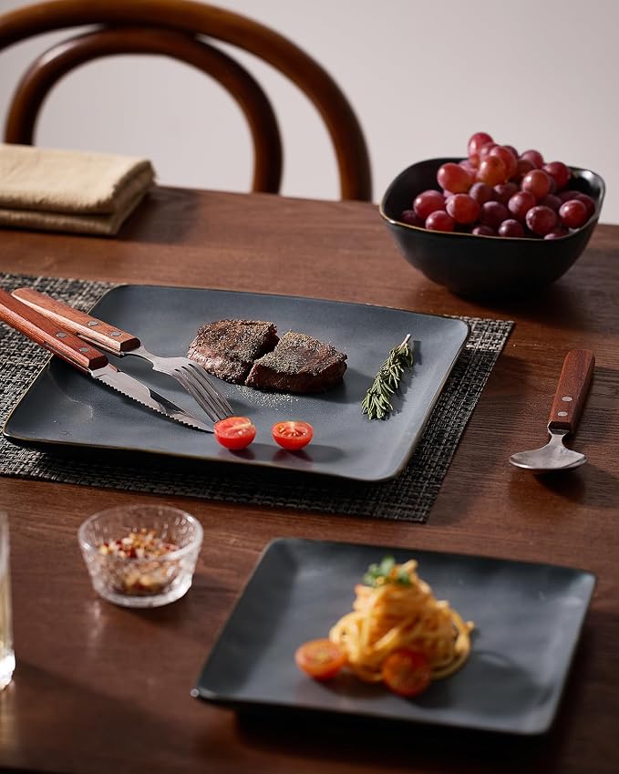 Famiware Dinnerware Sets for 4, Ocean Square 12-Piece Kitchen Plates and Bowls Sets, Microwave and Dishwasher Safe, Scratch Resistant, Matte Dark Charcoal