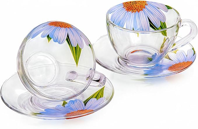 STP GOODS Glass Tea Cup and Saucer Set of 2 Glass Teacups 6.8 fl oz (200 ml) Cups with Matching Saucers for Two, Tea Coffee Set for 2, Coffee Cups, Dishwasher and Microwave safe (Daisy)
