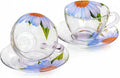 STP GOODS Glass Tea Cup and Saucer Set of 2 Glass Teacups 6.8 fl oz (200 ml) Cups with Matching Saucers for Two, Tea Coffee Set for 2, Coffee Cups, Dishwasher and Microwave safe (Daisy)