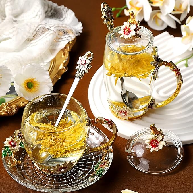 Flower Tea Cups Christmas Birthday Gift for Women Mom Sister Friend Glass Coffee Mug Teacups with Saucer Lid Spoon Vintage Wedding Cup(11oz Daisy)