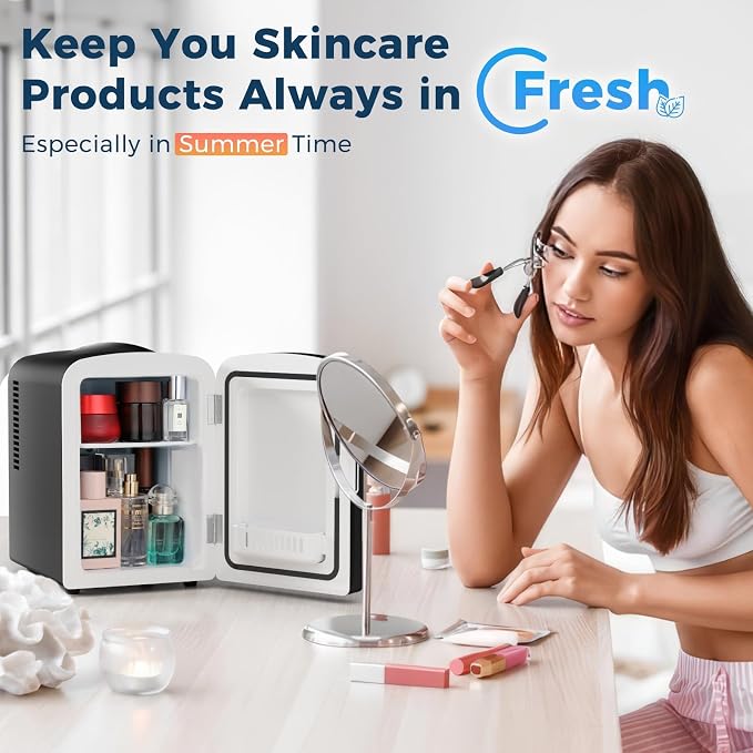 Antarctic Star 4L Makeup Mini Refrigerator With Mirror for Bedroom, Car, Office & Dorm, Portable Small Cooler for Cosmetics, Skin Care, Black