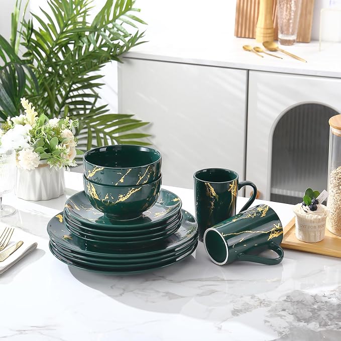 Microwave Safe Porcelain Green and Gold Dinnerware Set for 4 – 16 Piece Stackable Plates and Bowls Sets with Gold Accents