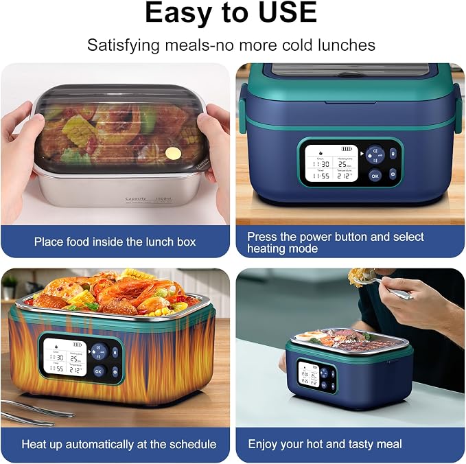 Cordless Electric Heated Lunch Box, 1.5L - 6.3 Cups 100W Rechargeable Smart Self-Heating Food Warmer with Removable Divider, Spoon, Fork, BPA Free, Portable Lunchbox for Car Travel Office Blue