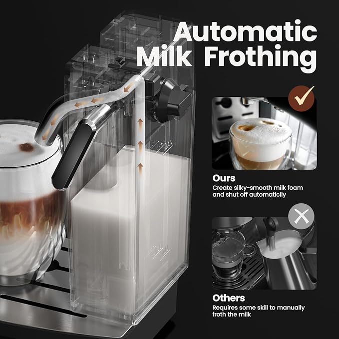Cappuccino Coffee Machine - 20Bar Espresso Machine with Automatic Milk Frother, Espresso Maker in Stainless Steel Design,1250W Coffee Maker for Home, Office