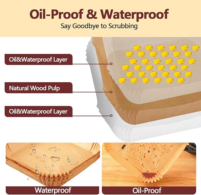 10 Inch Air Fryer Liners Disposable-100PCS Square Parchment Paper Liners,Heat Resistant & Non-Stick,Unbleached Liners for Air Fryer,Oven,Roasting,Baking,Microwave（Bottom is 9 Inch）