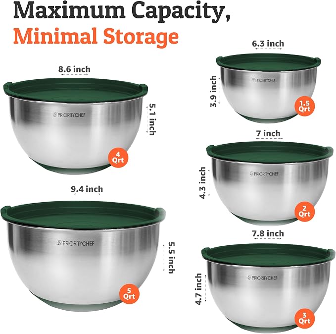 Priority Chef Premium Mixing Bowls With Airtight Lids Set, Thicker Stainless Steel Mixing Bowl Set, Large Prep Metal Bowls with Lids, Nesting Bowls for Kitchen, 1.5/2/3/4/5 Qrt, Green