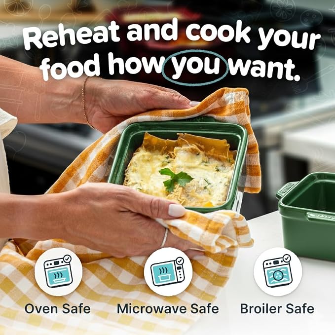 Souper Cubes Ceramic Baking Dishes 2.0-5" x 5" Baking Dishes with Silicone Lids, Individual Baking Dishes for Oven, Microwave, Oven and Air Fryer Safe, USA Made, Set of 2 - Kale