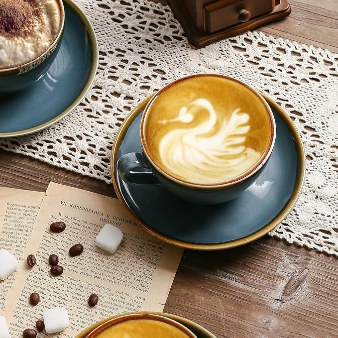 SHUER Ceramic Cappuccino Cup Set of 4, 7.8 OZ Cups and Saucers Set,Coffee Mocha Cup Sets,Black Coffee Cups and Glaze Americano Mugs Great for Party and Low Tea Time (Blue 220ml)