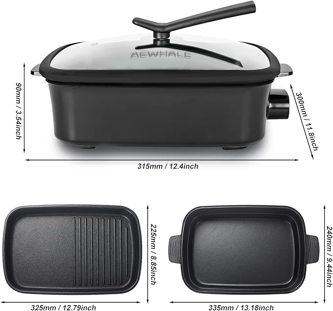 AEWHALE 2-in-1 Multifunctional Electric Grill,Indoor Smokeless Electric Griddle Electric Skillet with Removable Non-Stick Plate+Pot+Lid,1400W Adjustable Temperature Party Griddle