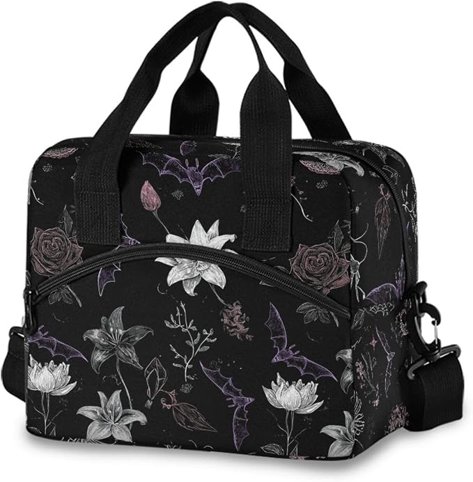 Insulated Lunch Bag Reusable Lunch Tote Bag Cooler Bag for Women Men Adult Lunch Box with Adjustable Shoulder Strap Leakproof Lunch Bag for Work Picnic Camping (Goth Bat Flower)