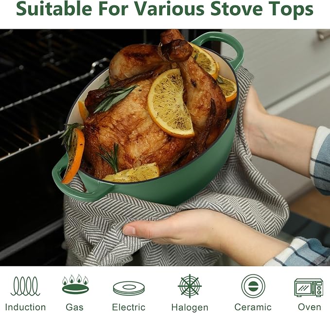 TeamFar Oval Dutch Oven, 5qt Enameled Cast Iron Dutch Oven Pot with Lid, For Bread Baking/Stewing/Braising/Frying, Suitable for Various Stoves, Dual Handles & Easy Cleanup, Basil Green