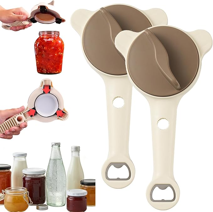 4-In-1 Multi-Purpose Strain-Free Opener, Jar Opener for Weak Hands, Adjustable Stainless Steel Jar Opener Gripper with Bottle Cap Opener for Jars, Bottles and Ring-Pull Cans (2pcs)