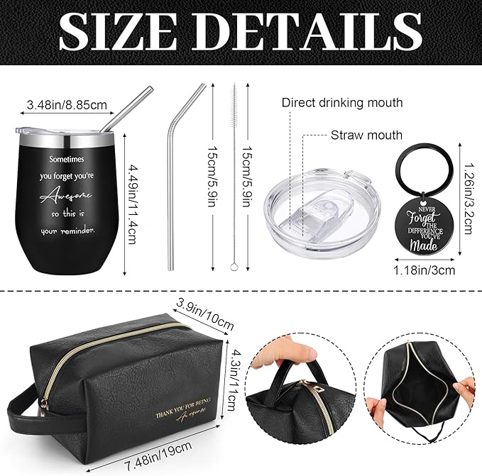 DERTE 4 sets Thank You Gift for Men Christmas Appreciation Gifts 12 oz Stainless Steel Tumbler with Toiletry Bag Inspirational Keychain for Male Teacher Employee Coworker Staff Fathers Day