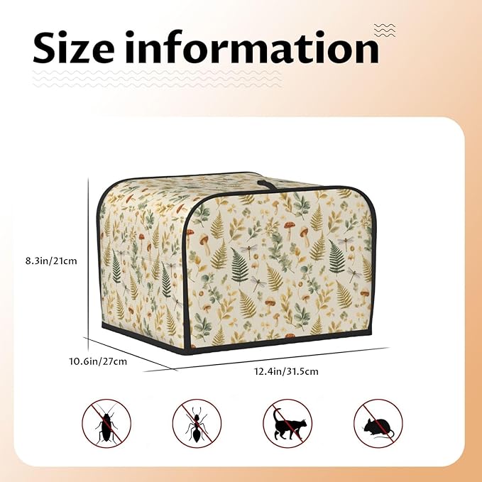 4 Slice Toaster Cover for Kitchen Mushroom Botanical Leaf Vintage aterproof and Dustproof Toaster Dust Cover with Side Pockets Decorative Universal Cover for Wide Slot Toasters and Small Appliances