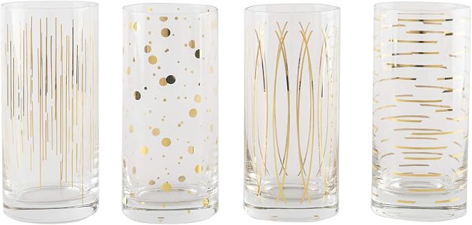Mikasa 'Cheers' Etched Crystal Highball Cocktail Glasses, 470 ml – Gold Effect (Set of 4)