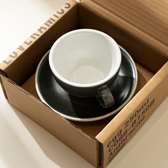 Loveramics Matt Cappuccino Cup, 8 oz Ceramic Latte Art Mug with Saucer, Thick-walled stoneware cup Set, Barista Latte Cup Set for Latte, Cappuccino, Tea - Mineral Colors (Anthracite, 8OZ)