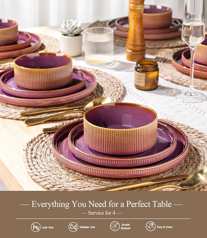 GBHOME 12-Piece Stoneware Dinnerware Set for 4 – Ribbed Ceramic Plates and Bowls, Scratch-Resistant, Microwave & Dishwasher Safe, Reactive Glaze,Purple Gradient