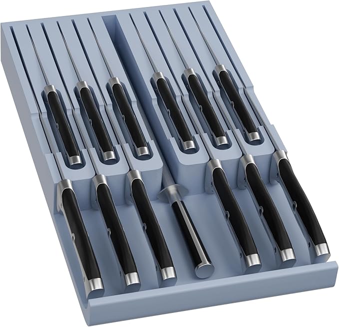 Domax Bamboo In-Drawer Knife Block Kitchen Knife Organizer Insert for 12 Knives and 1 Sharpening Steel(Not Included), Steak Knife Holder, Gray