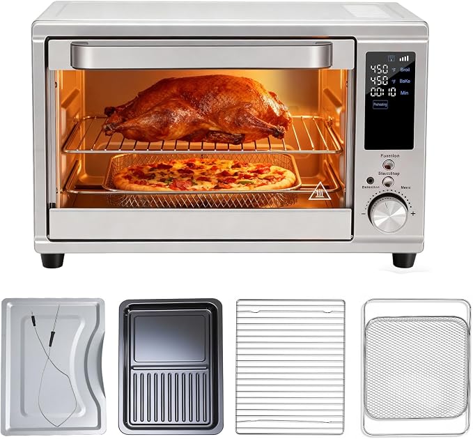 NEWBULIG 30QT Air Fryer Toaster Oven, 13-in-1 Multi-Function Smart Airfryer, Large Countertop Air Fryer Oven, 0-450°F Heating Control, 120 Min Timer, Chrome Fry Basket, Interior Light