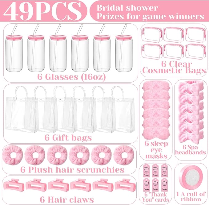 48 Pcs/6 Sets Baby Shower Prizes Winners Include Glass Cans Spa Headband Plush Sleep Eye Mask Hair Claw Clips Clear Cosmetic Bags Baby Shower Player Winner Gifts Bridal Game Gifts(Pink)