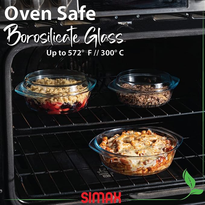 Simax Casserole Dish Set, Set of 3 Casserole Dish with Lid, Round Glass Cookware, Borosilicate Glass, Made In Europe 0.75 Quart, 1 Quart and 1.5 Quart Baking Dishes…