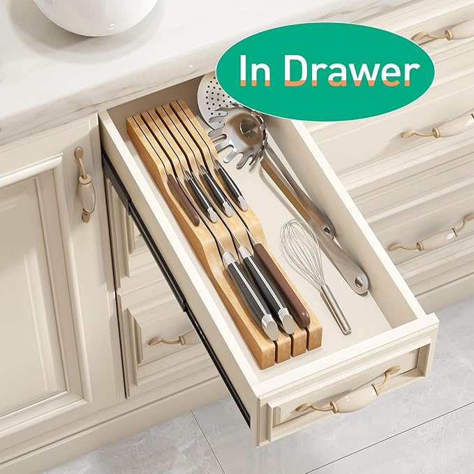 Knife Drawer Organizer, Bamboo Wood Knife Holder, Knife Block Fit for 7 Knives