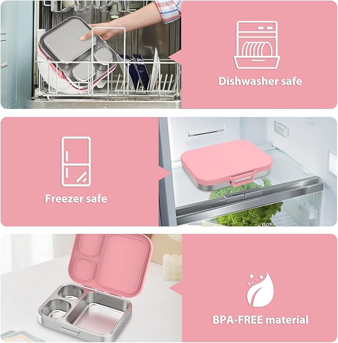 Pawtong Stainless Steel Bento Lunch Box for Kids | 3-Compartment Lunch Box Container Kids | 100% Leakproof, Eco-Friendly, Perfect Portion Control for Kids&Adult Healthy Meals (Pink)