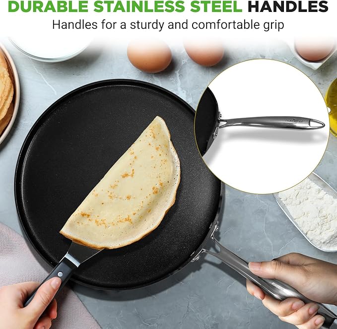 NutriChef 12 Inch Crepe Pan Non Stick, Ideal for Pancakes, Dosa, Chapati & Tortillas, Hard-Anodized, Dishwasher Safe