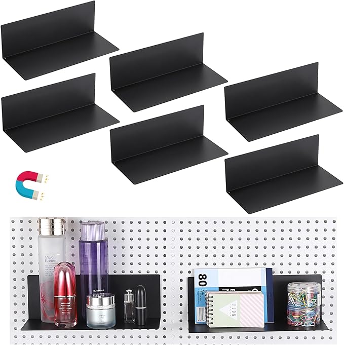 Kokone 6 Pack Magnetic Pegboard Shelves for Storing or Displaying, 10x4.3 Inch Flat Display Shelves for Pegboard, Wall Pegboard Shelves Accessories Steel Tray for Garage Workshop Craft Room Organizer